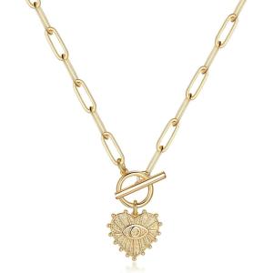 Turandoss Gold Paperclip Chain Necklace for Women, 14K Gold Plated Dainty Paperclip Link Chain Necklace Medallion Evil Eye Star Lightning Heart Butterfly Oval Link Paperclip Chain Necklaces for Women(Heart Evil Eye)