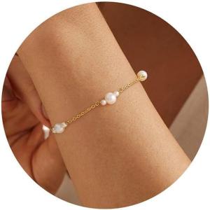 Turandoss Gold Pearl Bracelets for Women Jewelry Gifts – 14K Gold Plated Cultured Pearls Bracelet Dainty Layered Pearl Beaded CZ Bracelets for Women Bridesmaid Jewelry Gifts(Gold Pearl Bracelet)