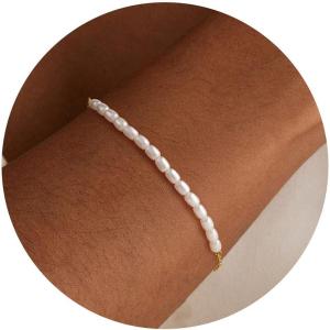 Turandoss Gold Pearl Bracelets for Women Jewelry Gifts – 14K Gold Plated Cultured Pearls Bracelet Dainty Layered Pearl Beaded CZ Bracelets for Women Bridesmaid Jewelry Gifts(Simulated Pearl Link Bracelet)