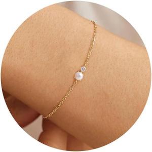 Turandoss Gold Pearl Bracelets for Women Jewelry Gifts – 14K Gold Plated Cultured Pearls Bracelet Dainty Layered Pearl Beaded CZ Bracelets for Women Bridesmaid Jewelry Gifts(CZ Simulated Pearl Bracelet)