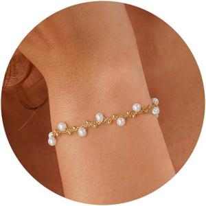 Turandoss Gold Pearl Bracelets for Women Jewelry Gifts – 14K Gold Plated Cultured Pearls Bracelet Dainty Layered Pearl Beaded CZ Bracelets for Women Bridesmaid Jewelry Gifts(Simulated Pearl Beaded Bracelet)