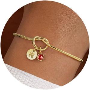 Turandoss Initial Birthstone Bracelets for Women, Dainty 14K Gold Plated 12 Months Disc Initial A-Z Birthstone Heart Knot Bangle Bracelet Birthday Bridesmaid Valentines Jewelry Gifts for Women Girls(R)