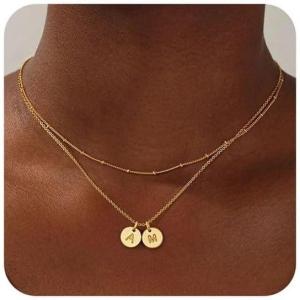 Turandoss Initial Necklaces for Women, Dainty 14K Gold Plated Layered Two Letter A-Z Stack Disc Initial Layered Necklace Trendy Birthday Personalized Valentines Gifts for Women Teen Girls Jewelry(AM)