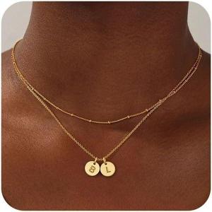 Turandoss Initial Necklaces for Women, Dainty 14K Gold Plated Layered Two Letter A-Z Stack Disc Initial Layered Necklace Trendy Birthday Personalized Valentines Gifts for Women Teen Girls Jewelry(BL)