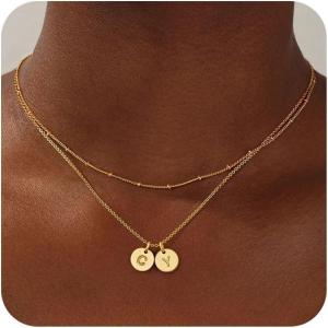 Turandoss Initial Necklaces for Women, Dainty 14K Gold Plated Layered Two Letter A-Z Stack Disc Initial Layered Necklace Trendy Birthday Personalized Valentines Gifts for Women Teen Girls Jewelry(CY)