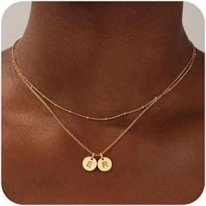 Turandoss Initial Necklaces for Women, Dainty 14K Gold Plated Layered Two Letter A-Z Stack Disc Initial Layered Necklace Trendy Birthday Personalized Valentines Gifts for Women Teen Girls Jewelry(ER)