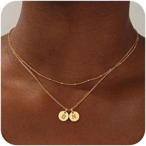 Turandoss Initial Necklaces for Women, Dainty 14K Gold Plated Layered Two Letter A-Z Stack Disc Initial Layered Necklace Trendy Birthday Personalized Valentines Gifts for Women Teen Girls Jewelry(BN)