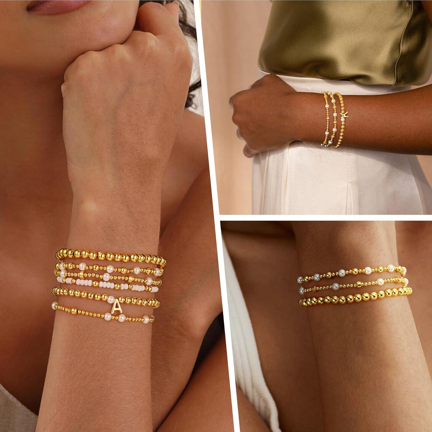 imageTurandoss 6PCS Beaded Initial Bracelets for Women Girls Jewelry Gifts 18K Gold Plated Beaded Initial Letter Bracelet for Girls Women Initial AZ Stretch Bead Stackable Bracelet Jewelry Set GiftsT
