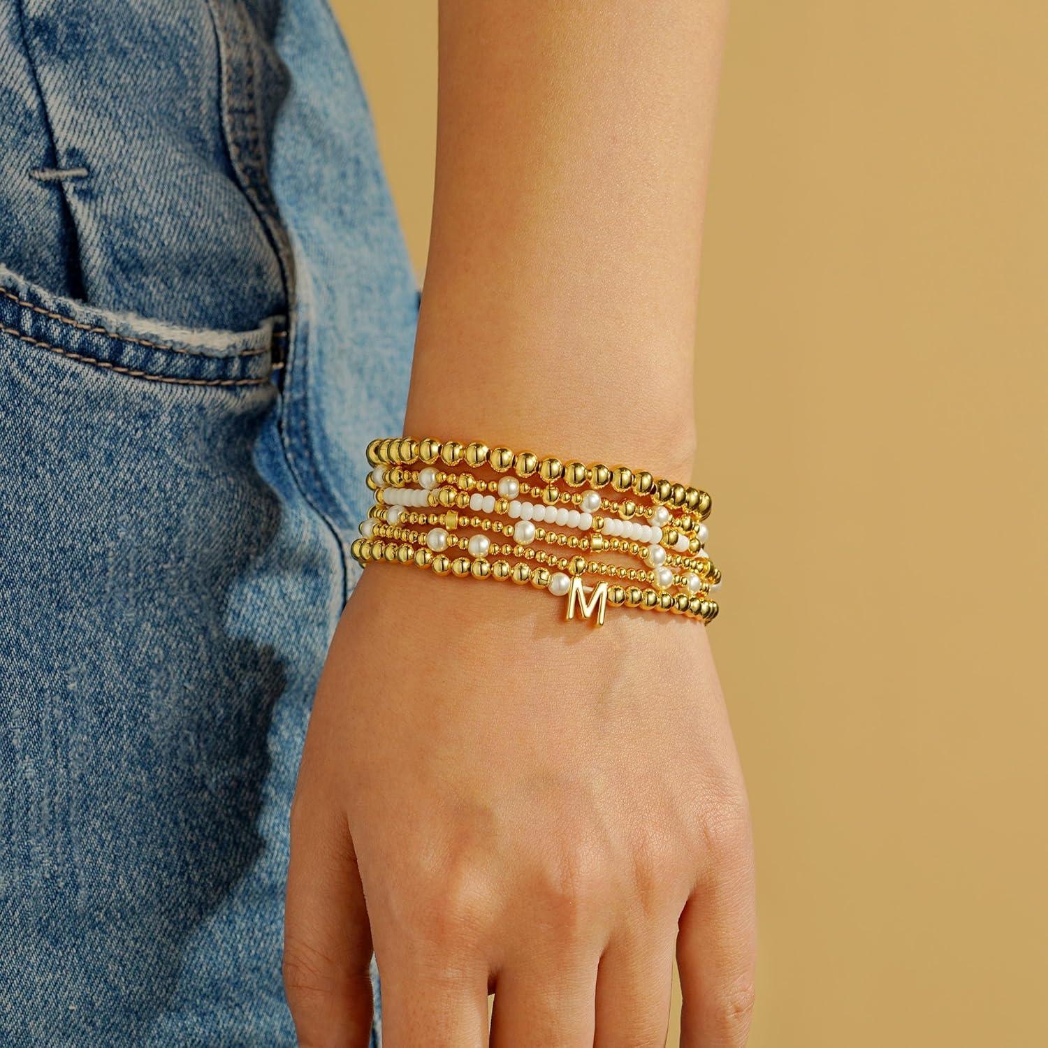 imageTurandoss 6PCS Beaded Initial Bracelets for Women Girls Jewelry Gifts 18K Gold Plated Beaded Initial Letter Bracelet for Girls Women Initial AZ Stretch Bead Stackable Bracelet Jewelry Set GiftsT