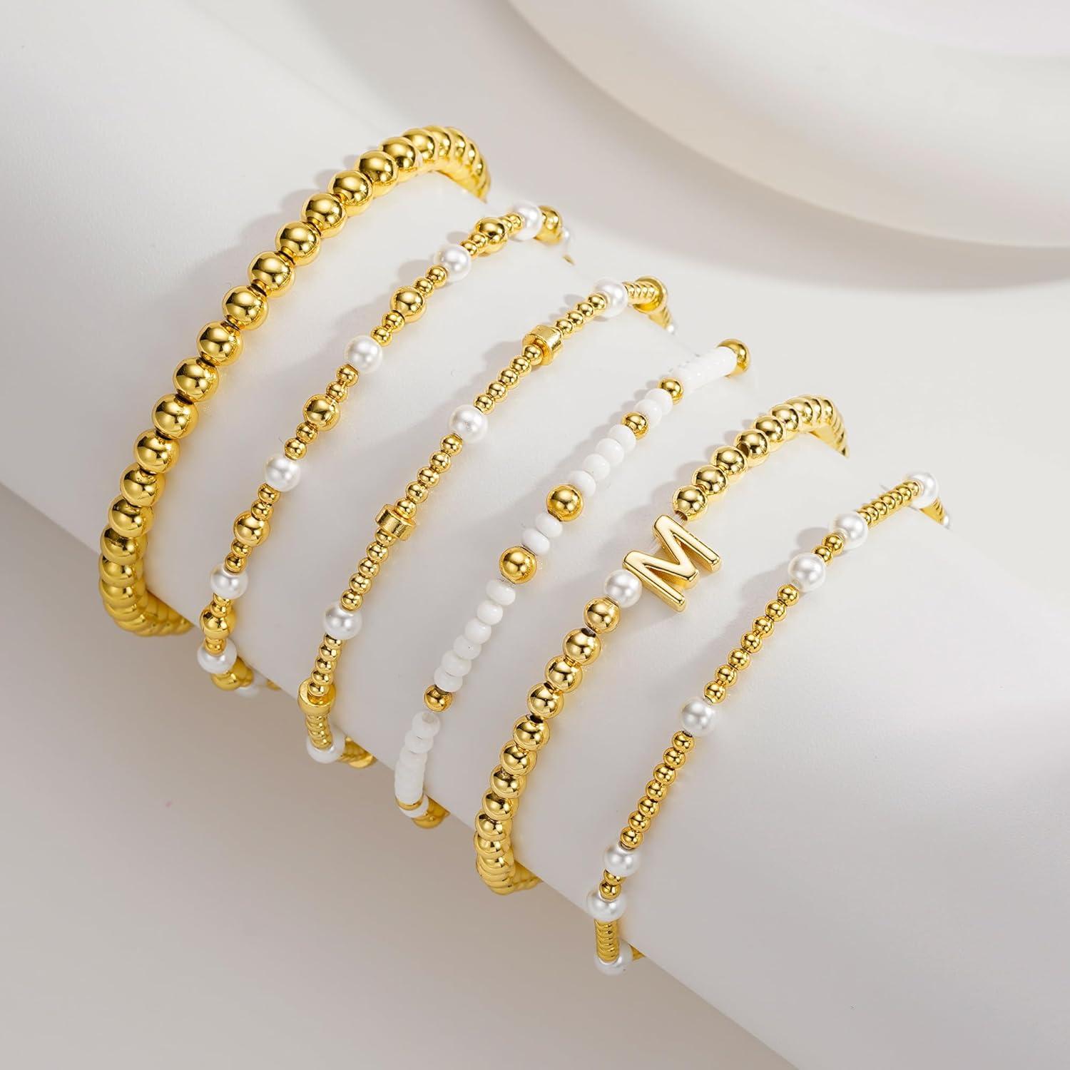 imageTurandoss 6PCS Beaded Initial Bracelets for Women Girls Jewelry Gifts 18K Gold Plated Beaded Initial Letter Bracelet for Girls Women Initial AZ Stretch Bead Stackable Bracelet Jewelry Set GiftsT