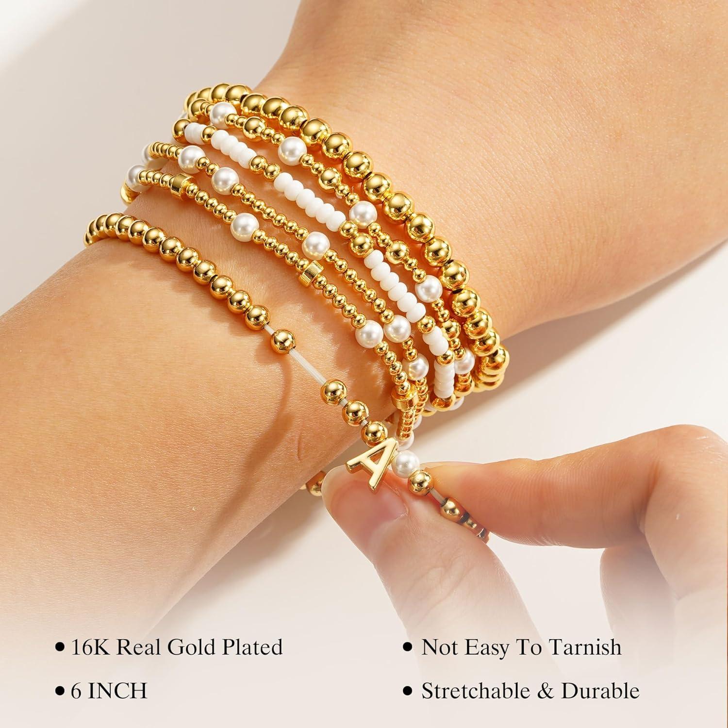 imageTurandoss 6PCS Beaded Initial Bracelets for Women Girls Jewelry Gifts 18K Gold Plated Beaded Initial Letter Bracelet for Girls Women Initial AZ Stretch Bead Stackable Bracelet Jewelry Set GiftsT
