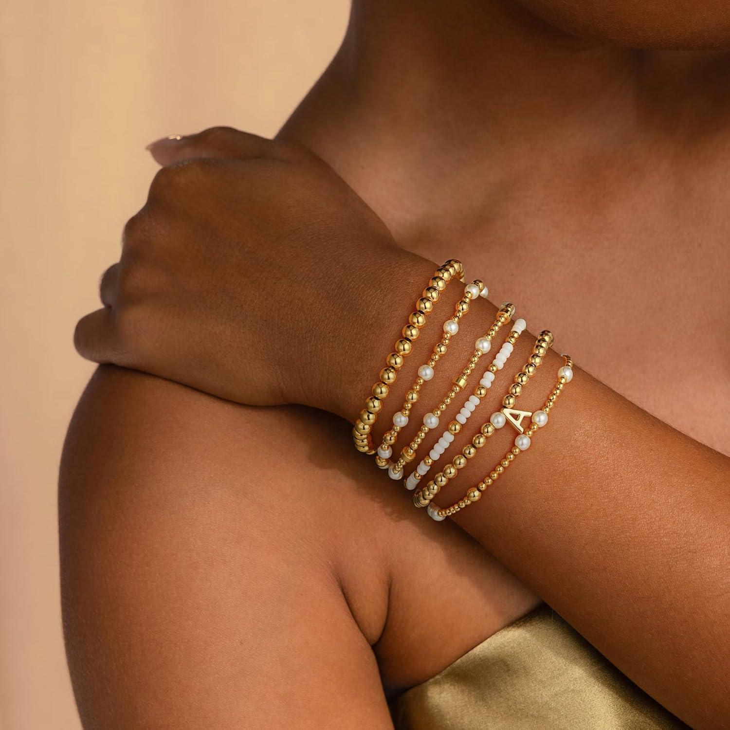 imageTurandoss 6PCS Beaded Initial Bracelets for Women Girls Jewelry Gifts 18K Gold Plated Beaded Initial Letter Bracelet for Girls Women Initial AZ Stretch Bead Stackable Bracelet Jewelry Set GiftsT