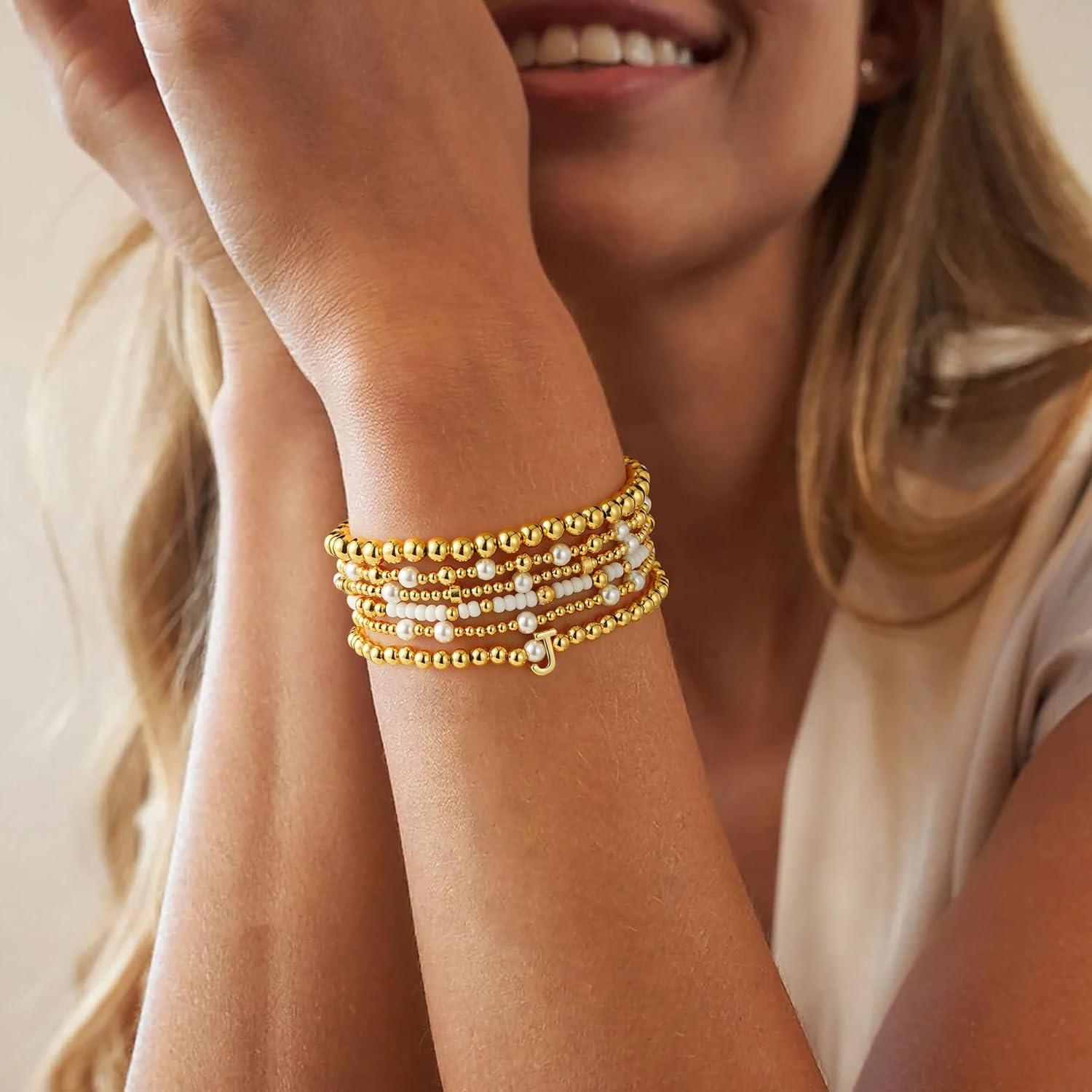 imageTurandoss 6PCS Beaded Initial Bracelets for Women Girls Jewelry Gifts 18K Gold Plated Beaded Initial Letter Bracelet for Girls Women Initial AZ Stretch Bead Stackable Bracelet Jewelry Set GiftsT