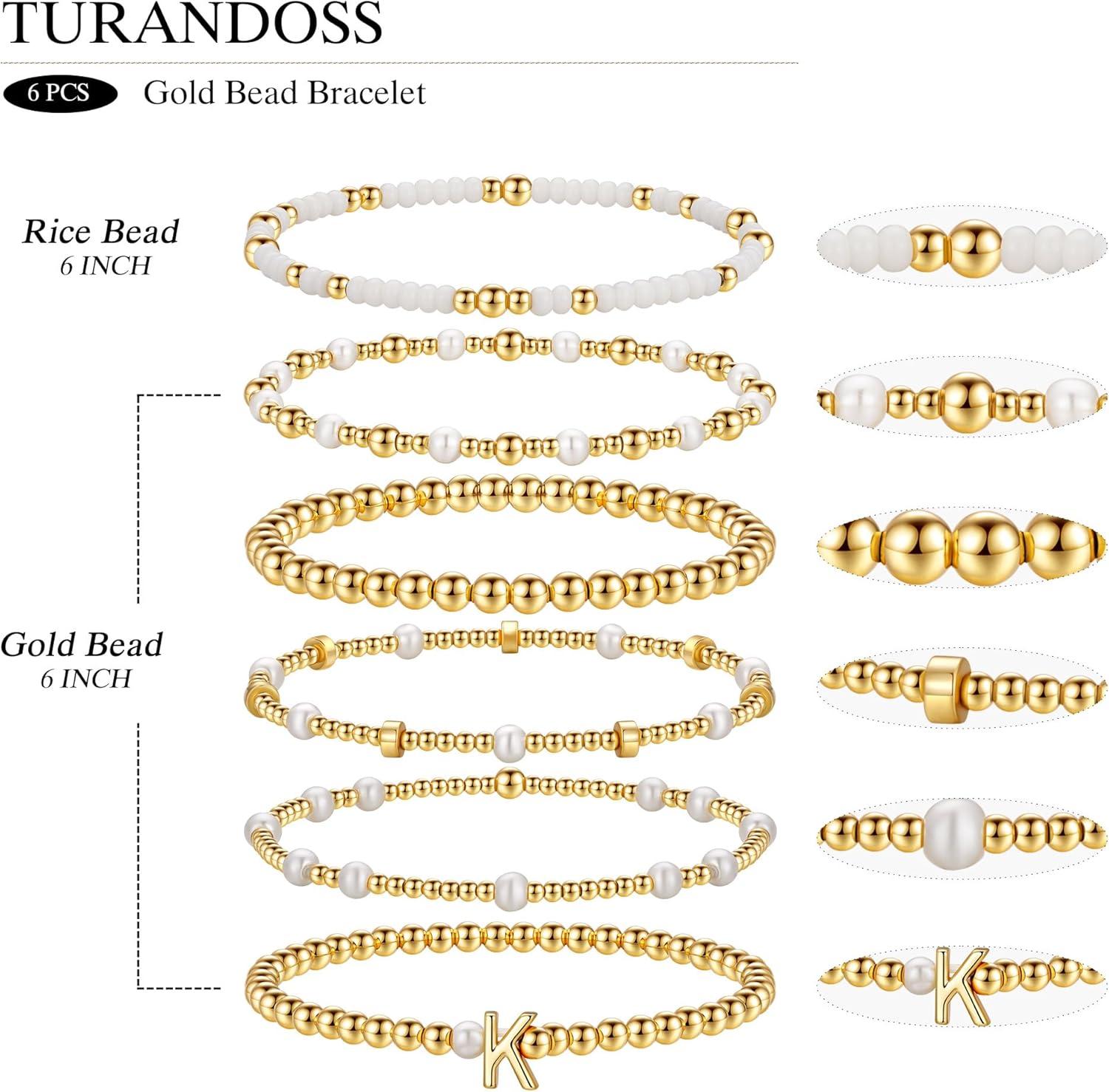 imageTurandoss 6PCS Beaded Initial Bracelets for Women Girls Jewelry Gifts 18K Gold Plated Beaded Initial Letter Bracelet for Girls Women Initial AZ Stretch Bead Stackable Bracelet Jewelry Set GiftsT