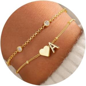 TURANDOSS Heart Initial Bracelets for Teen Girls – 14K Gold Plated Layered Initial Bracelets Heart Letter A-Z Charm Bracelet Stack Mom Daughter Jewelry Birthday Gifts for Women Teen Girls(A.)