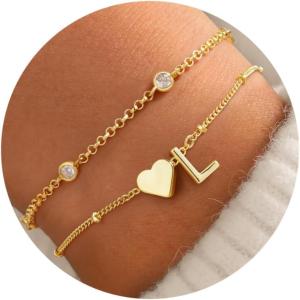 TURANDOSS Heart Initial Bracelets for Teen Girls – 14K Gold Plated Layered Initial Bracelets Heart Letter A-Z Charm Bracelet Stack Mom Daughter Jewelry Birthday Gifts for Women Teen Girls(L)