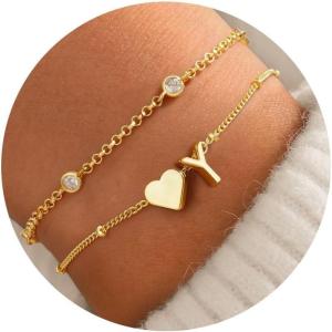 TURANDOSS Heart Initial Bracelets for Teen Girls – 14K Gold Plated Layered Initial Bracelets Heart Letter A-Z Charm Bracelet Stack Mom Daughter Jewelry Birthday Gifts for Women Teen Girls(Y)