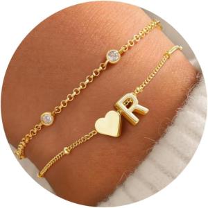 TURANDOSS Heart Initial Bracelets for Teen Girls – 14K Gold Plated Layered Initial Bracelets Heart Letter A-Z Charm Bracelet Stack Mom Daughter Jewelry Birthday Gifts for Women Teen Girls(R)