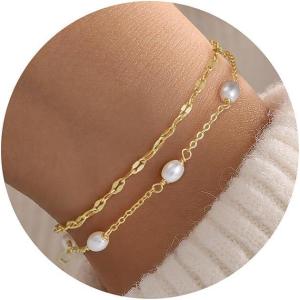 Turandoss Gold Pearl Bracelets for Women Jewelry Gifts – 14K Gold Plated Cultured Pearls Bracelet Dainty Layered Pearl Beaded CZ Bracelets for Women Bridesmaid Jewelry Gifts(Simulated Pearl Lip Chain Bracelet)