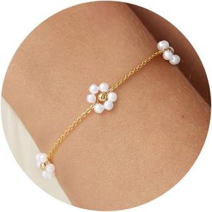Turandoss Gold Pearl Bracelets for Women Jewelry Gifts – 14K Gold Plated Cultured Pearls Bracelet Dainty Layered Pearl Beaded CZ Bracelets for Women Bridesmaid Jewelry Gifts(Flower Simulated Pearl Bracelet)