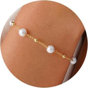 Turandoss Gold Pearl Bracelets for Women Jewelry Gifts – 14K Gold Plated Cultured Pearls Bracelet Dainty Layered Pearl Beaded CZ Bracelets for Women Bridesmaid Jewelry Gifts(Ball Simulated Pearl Bracelet)