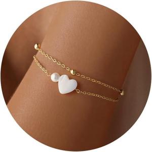 Turandoss Gold Pearl Bracelets for Women Jewelry Gifts – 14K Gold Plated Cultured Pearls Bracelet Dainty Layered Pearl Beaded CZ Bracelets for Women Bridesmaid Jewelry Gifts(Ball Heart Simulated Pearl Bracelet)