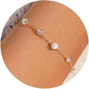 Turandoss Gold Pearl Bracelets for Women Jewelry Gifts – 14K Gold Plated Cultured Pearls Bracelet Dainty Layered Pearl Beaded CZ Bracelets for Women Bridesmaid Jewelry Gifts(Simulated Pearl CZ Bracelet)