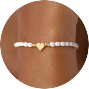 Turandoss Gold Pearl Bracelets for Women Jewelry Gifts – 14K Gold Plated Cultured Pearls Bracelet Dainty Layered Pearl Beaded CZ Bracelets for Women Bridesmaid Jewelry Gifts(Heart Simulated Pearl Bracelet)