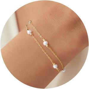 Turandoss Gold Pearl Bracelets for Women Jewelry Gifts – 14K Gold Plated Cultured Pearls Bracelet Dainty Layered Pearl Beaded CZ Bracelets for Women Bridesmaid Jewelry Gifts(Dainty Simulated Pearl Bracelets)