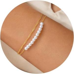 Turandoss Gold Pearl Bracelets for Women Jewelry Gifts – 14K Gold Plated Cultured Pearls Bracelet Dainty Layered Pearl Beaded CZ Bracelets for Women Bridesmaid Jewelry Gifts(Simulated Pearl Twist Chain Bracelet)