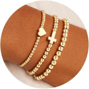 Turandoss Gold Bracelets for Women – Dainty 14K Gold Plated Cross Beaded Bracelets for Women Stackable Heart Bead Bracelet Set Wave Bow CZ Round Ball Bracelet Valentine’s Day Gifts for Her(Cross Beaded Bracelet)