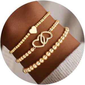 Turandoss Gold Bracelets for Women – Dainty 14K Gold Plated Cross Beaded Bracelets for Women Stackable Heart Bead Bracelet Set Wave Bow CZ Round Ball Bracelet Valentine’s Day Gifts for Her(Double Heart Beaded Bracelet)