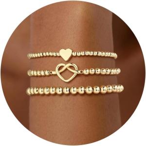 Turandoss Gold Bracelets for Women – Dainty 14K Gold Plated Cross Beaded Bracelets for Women Stackable Heart Bead Bracelet Set Wave Bow CZ Round Ball Bracelet Valentine’s Day Gifts for Her(Knot Heart Beaded Bracelet)
