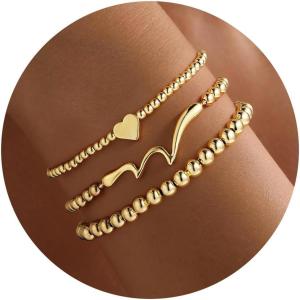 Turandoss Gold Bracelets for Women – Dainty 14K Gold Plated Cross Beaded Bracelets for Women Stackable Heart Bead Bracelet Set Wave Bow CZ Round Ball Bracelet Valentine’s Day Gifts for Her(Wave Beaded Bracelet)