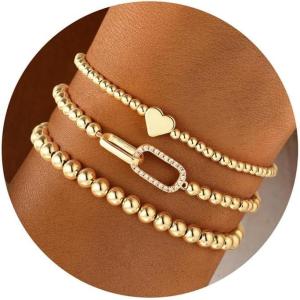 Turandoss Gold Bracelets for Women – Dainty 14K Gold Plated Cross Beaded Bracelets for Women Stackable Heart Bead Bracelet Set Wave Bow CZ Round Ball Bracelet Valentine’s Day Gifts for Her(Interlock CZ Beaded Bracelet)