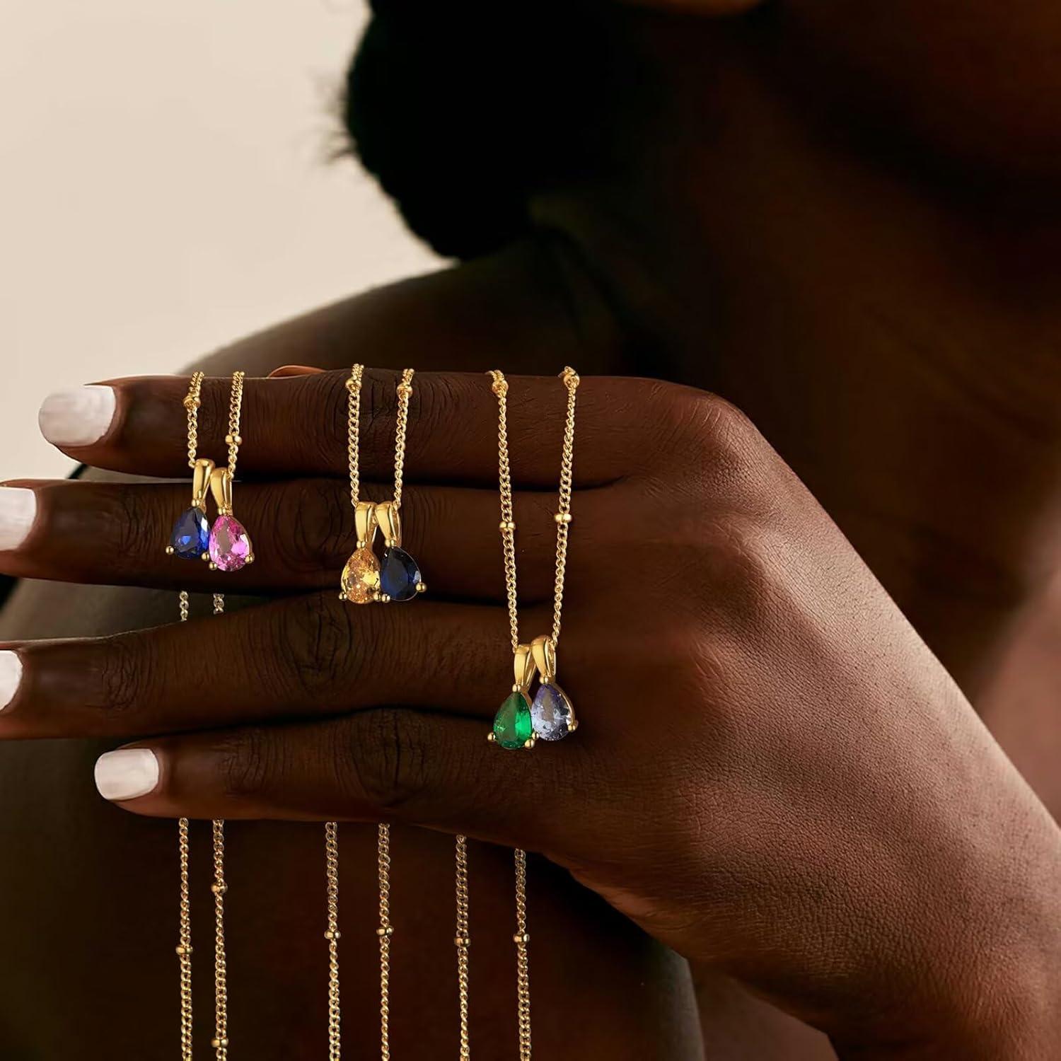 imageTurandoss 2 Teardrop Birthstone Necklace for Women Her Personalized 14K Gold Plated 12 Months Created May Crystal Birthstone Pendant Necklace Jewelry Birthday Gifts for Women Jewelry810Peridot Tourmaline