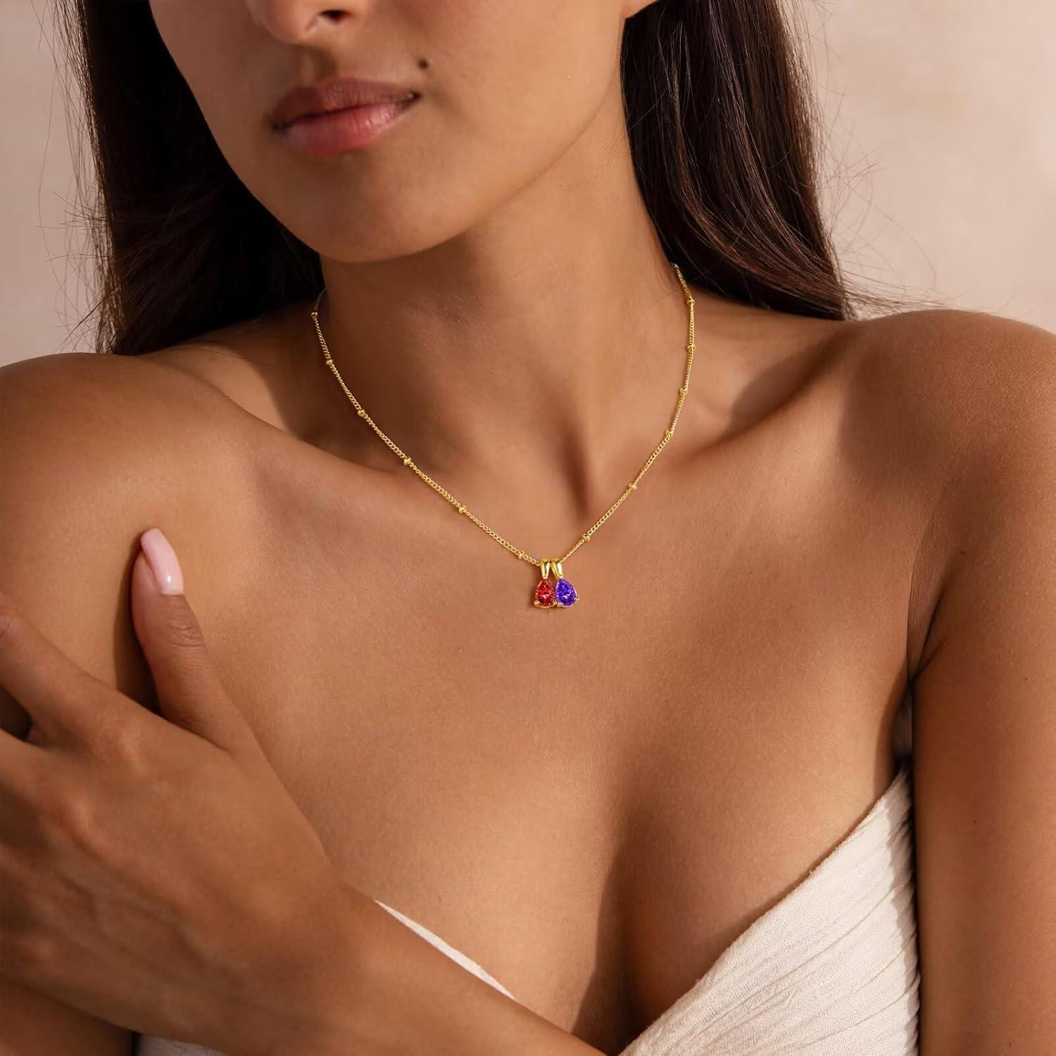 imageTurandoss 2 Teardrop Birthstone Necklace for Women Her Personalized 14K Gold Plated 12 Months Created May Crystal Birthstone Pendant Necklace Jewelry Birthday Gifts for Women Jewelry810Peridot Tourmaline
