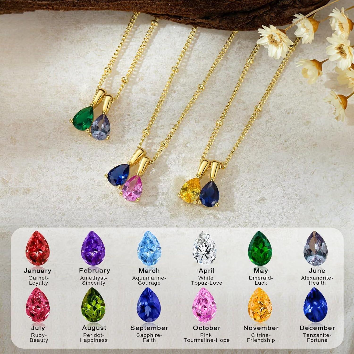 imageTurandoss 2 Teardrop Birthstone Necklace for Women Her Personalized 14K Gold Plated 12 Months Created May Crystal Birthstone Pendant Necklace Jewelry Birthday Gifts for Women Jewelry810Peridot Tourmaline