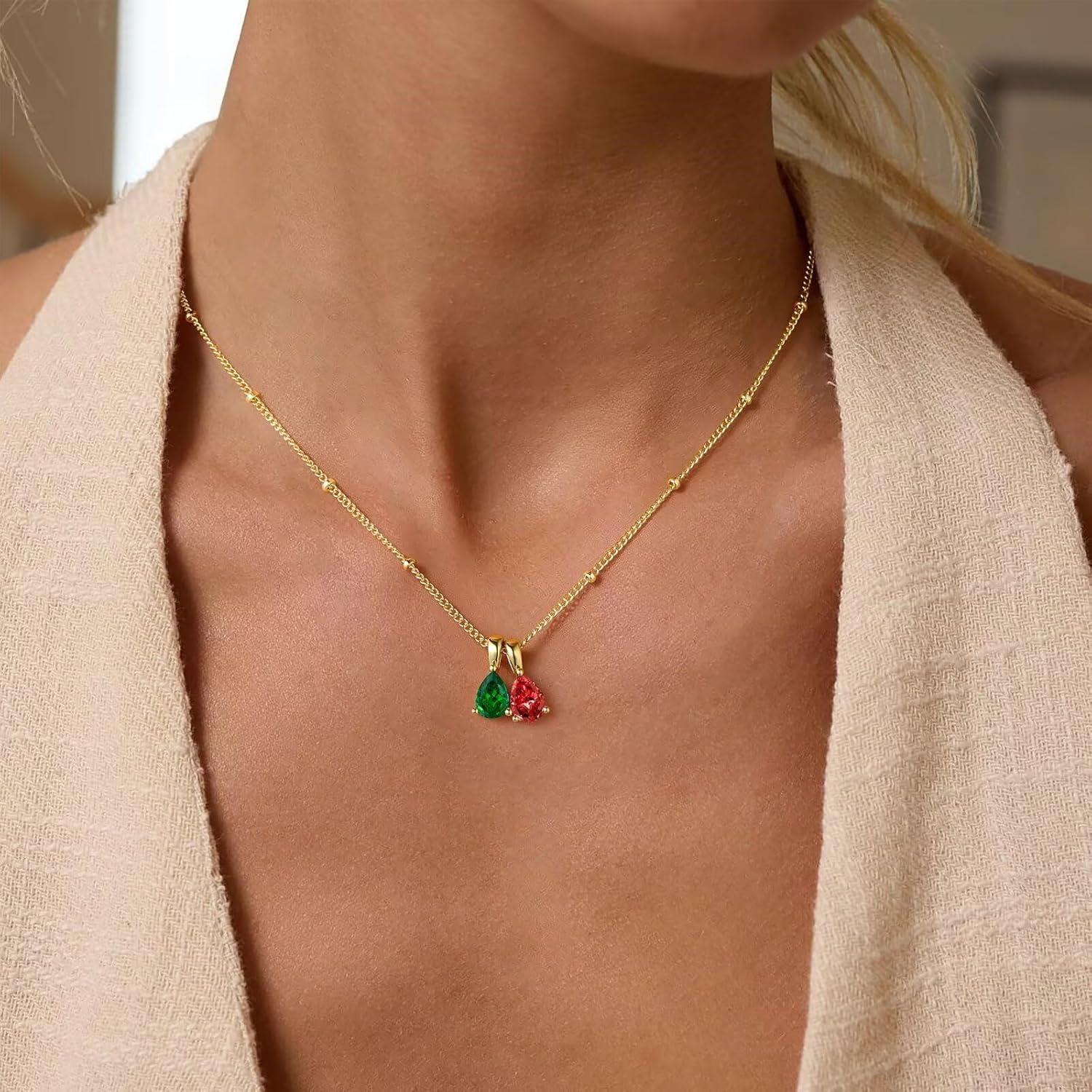 imageTurandoss 2 Teardrop Birthstone Necklace for Women Her Personalized 14K Gold Plated 12 Months Created May Crystal Birthstone Pendant Necklace Jewelry Birthday Gifts for Women Jewelry810Peridot Tourmaline