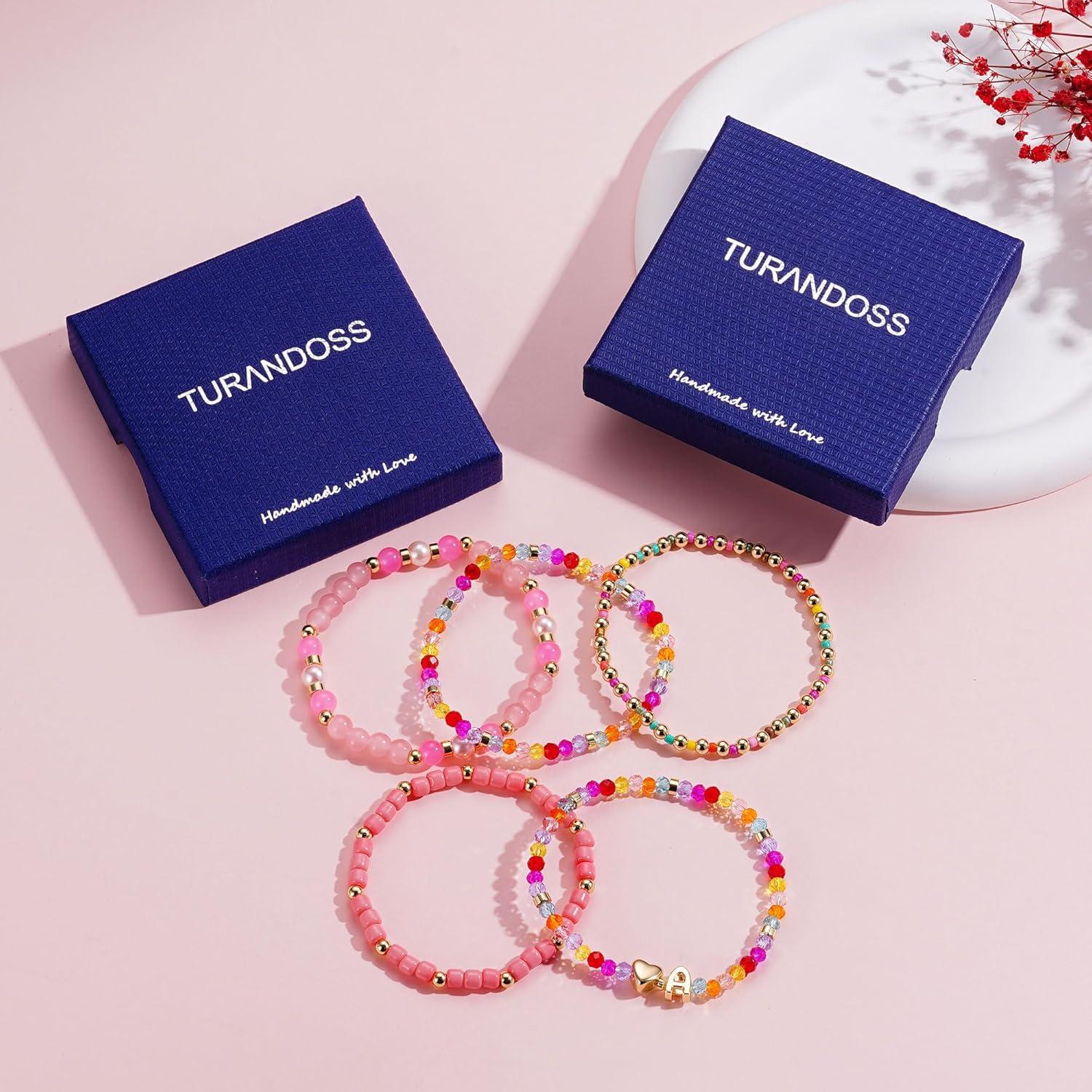imageTurandoss 5PCS Initial Heart Bracelets for Teen Girls Kids 14K Gold Plated Dainty Beaded Bracelet Set Stack Stretch Colorful Letter Charm Bracelets Beads Ball for Daughter Her Jewelry GiftsP