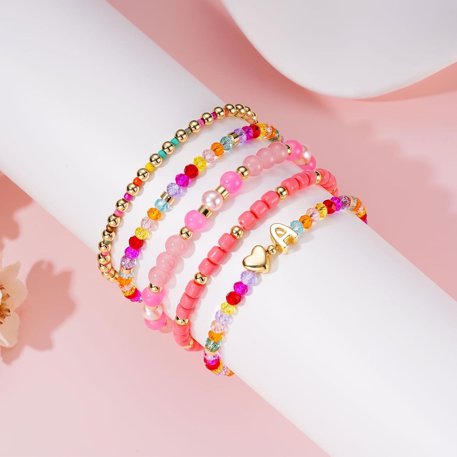 imageTurandoss 5PCS Initial Heart Bracelets for Teen Girls Kids 14K Gold Plated Dainty Beaded Bracelet Set Stack Stretch Colorful Letter Charm Bracelets Beads Ball for Daughter Her Jewelry GiftsP