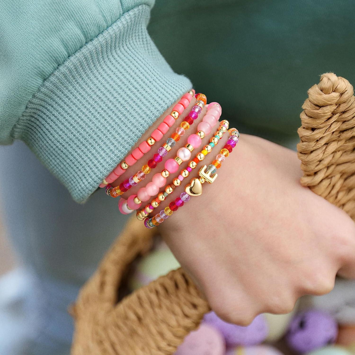 imageTurandoss 5PCS Initial Heart Bracelets for Teen Girls Kids 14K Gold Plated Dainty Beaded Bracelet Set Stack Stretch Colorful Letter Charm Bracelets Beads Ball for Daughter Her Jewelry GiftsP