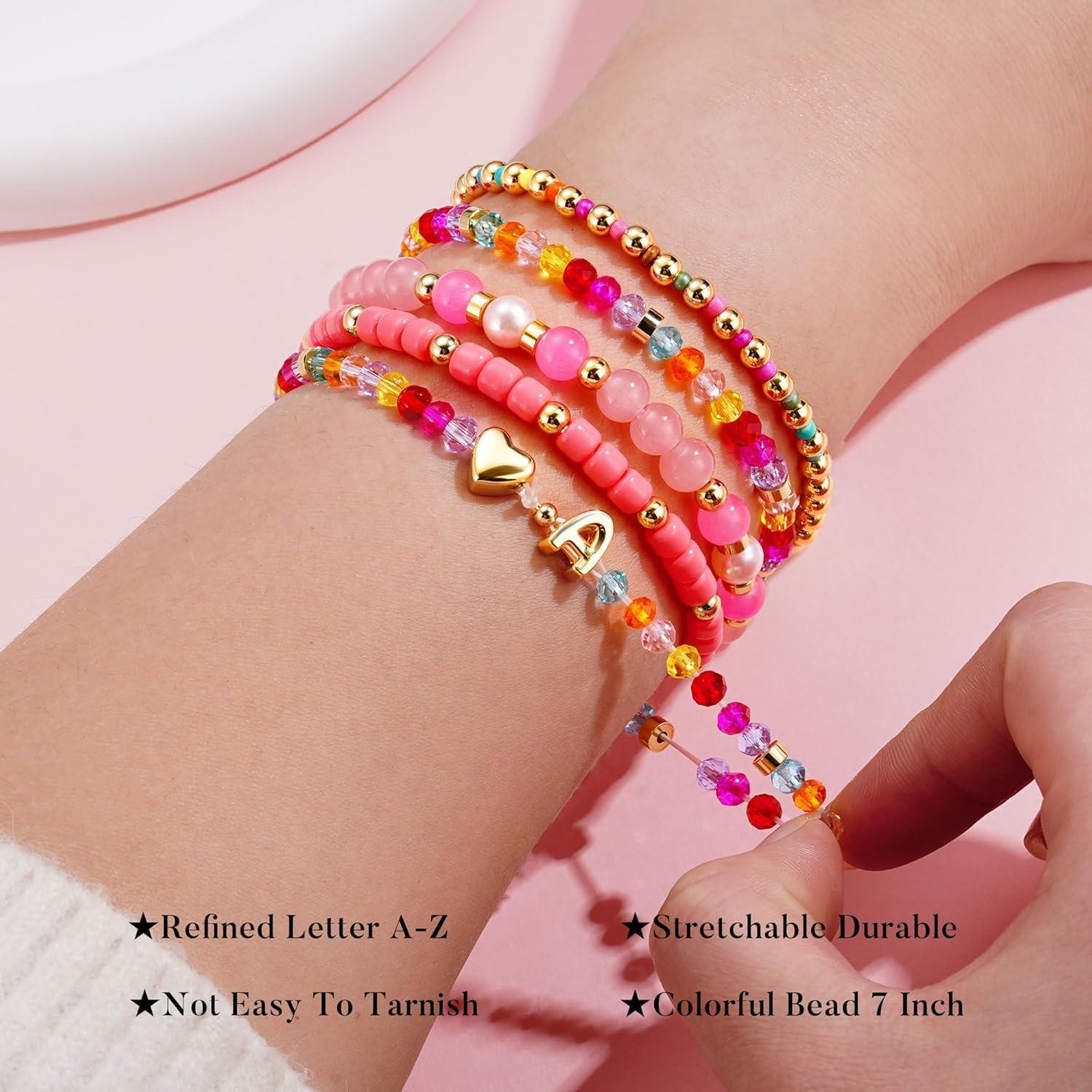 imageTurandoss 5PCS Initial Heart Bracelets for Teen Girls Kids 14K Gold Plated Dainty Beaded Bracelet Set Stack Stretch Colorful Letter Charm Bracelets Beads Ball for Daughter Her Jewelry GiftsP