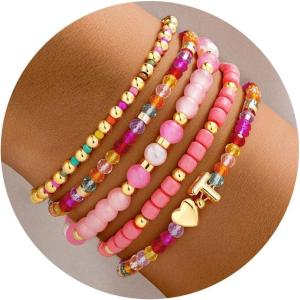 Turandoss 5PCS Initial Heart Bracelets for Teen Girls Kids – 14K Gold Plated Dainty Beaded Bracelet Set Stack, Stretch Colorful Letter Charm Bracelets Beads Ball for Daughter Her Jewelry Gifts(T)