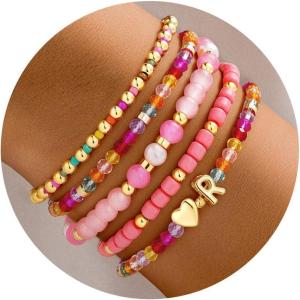 Turandoss 5PCS Initial Heart Bracelets for Teen Girls Kids – 14K Gold Plated Dainty Beaded Bracelet Set Stack, Stretch Colorful Letter Charm Bracelets Beads Ball for Daughter Her Jewelry Gifts(R)