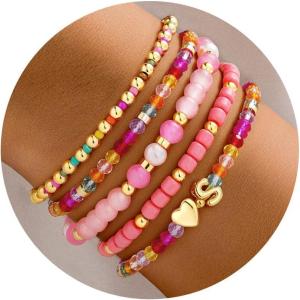 Turandoss 5PCS Initial Heart Bracelets for Teen Girls Kids – 14K Gold Plated Dainty Beaded Bracelet Set Stack, Stretch Colorful Letter Charm Bracelets Beads Ball for Daughter Her Jewelry Gifts(S)