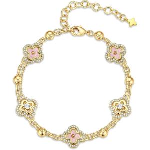 Turandoss Clover Bracelets for Women – Dainty 14K Gold Plated CZ Bracelets Colorful Four Leaf Clover Bracelet Lucky Bracelet Lucky Jewelry Gifts for Women(Pink Clover)