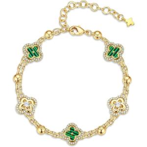 Turandoss Clover Bracelets for Women – Dainty 14K Gold Plated CZ Bracelets Colorful Four Leaf Clover Bracelet Lucky Bracelet Lucky Jewelry Gifts for Women(Green Clover)