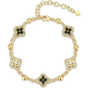 Turandoss Clover Bracelets for Women – Dainty 14K Gold Plated CZ Bracelets Colorful Four Leaf Clover Bracelet Lucky Bracelet Lucky Jewelry Gifts for Women(Black Clover)