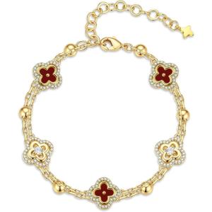 Turandoss Clover Bracelets for Women – Dainty 14K Gold Plated CZ Bracelets Colorful Four Leaf Clover Bracelet Lucky Bracelet Lucky Jewelry Gifts for Women(Red Clover)
